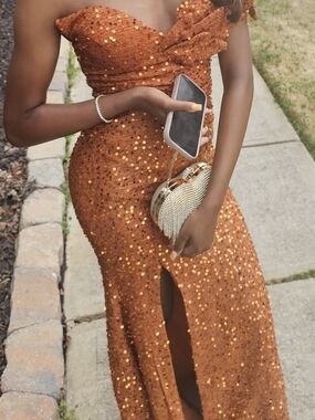 Rust Sequin Off-Shoulder Evening Gown